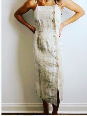 Sleeveless Beige Linen-Blend Button Midi Dress